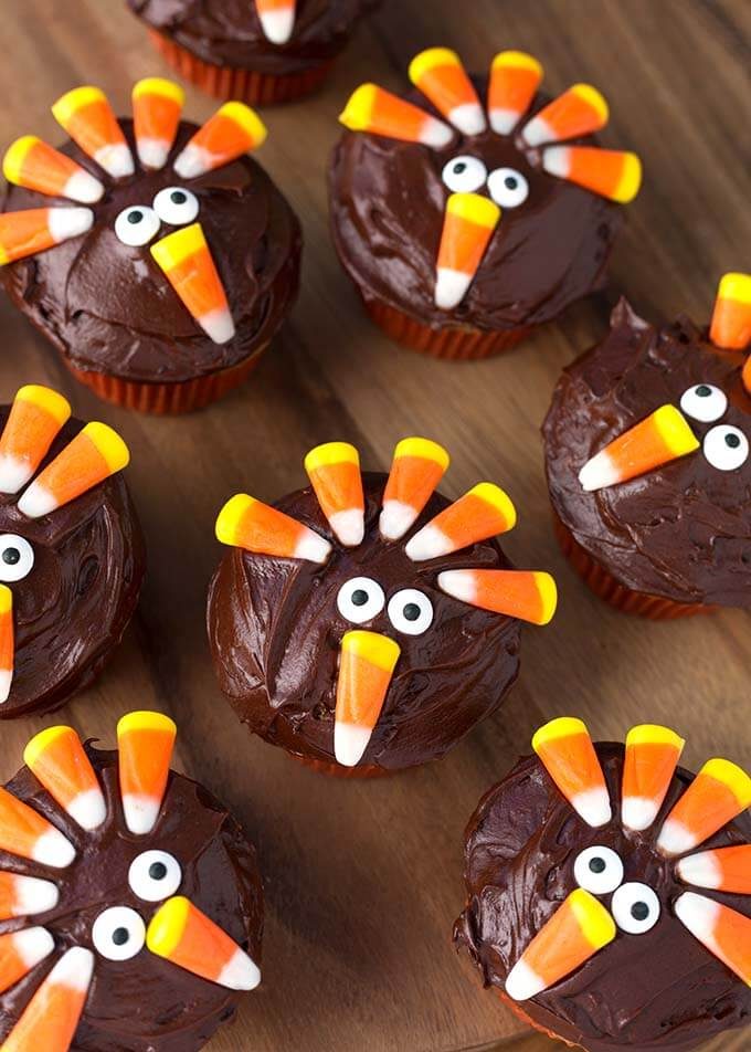 Candy Corn Turkey Thanksgiving Cupcakes with Bottle Googly Eyes