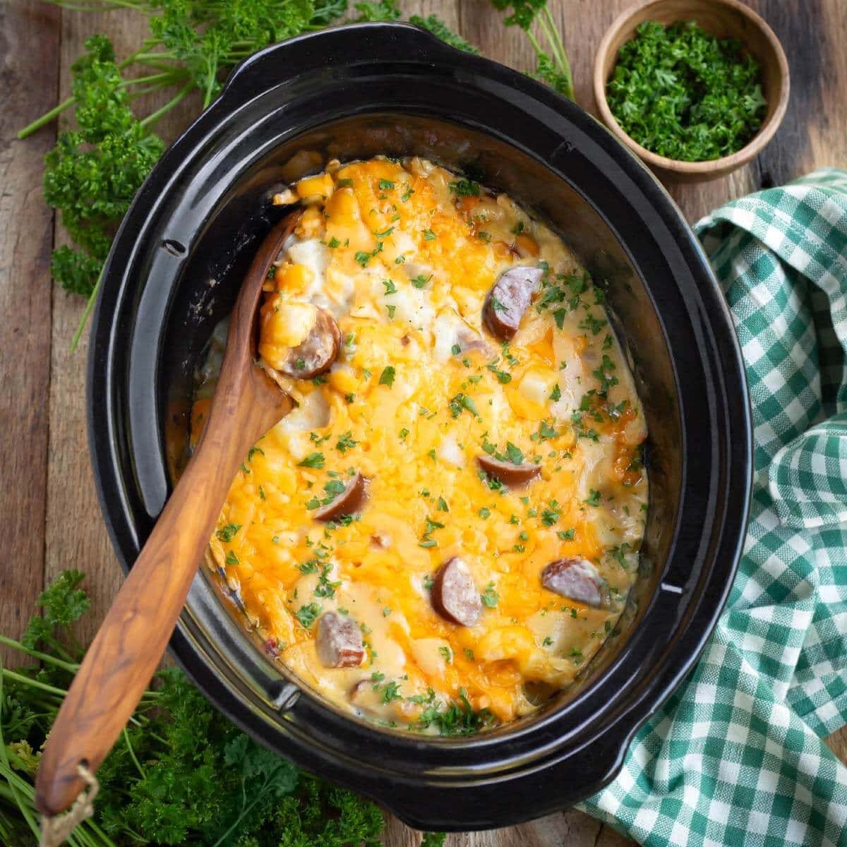 Cheesy Potatoes with Kielbasa in the Slow Cooker