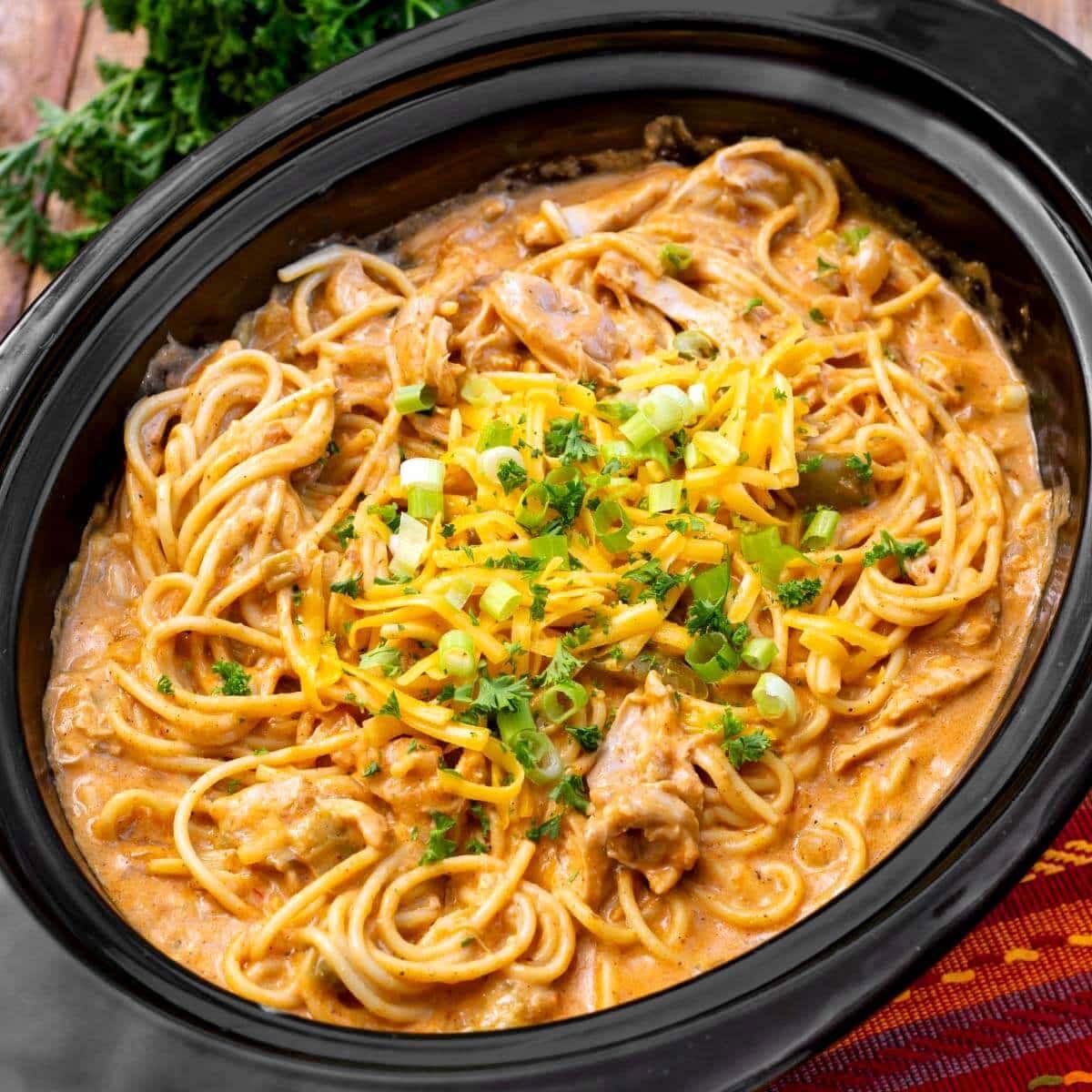 Taco Ranch Chicken Spaghetti in the Slow Cooker