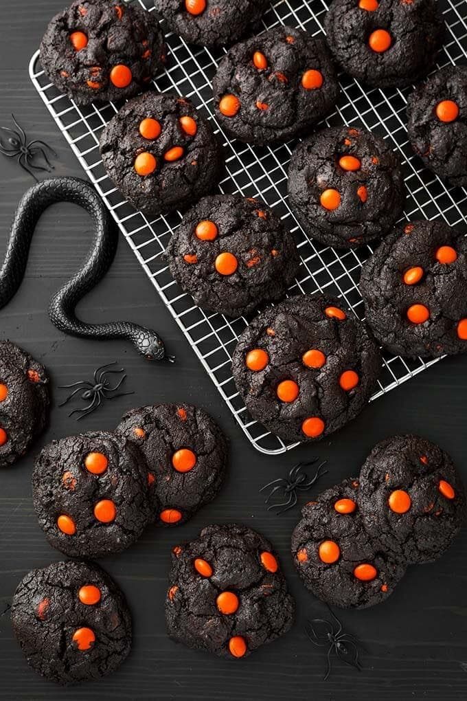 Dark Chocolate Halloween Cookies with Orange Colored M