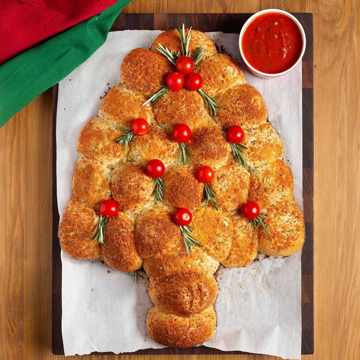 Dinner Roll Christmas Tree Appetizer with Cherry Tomatoes Mozzarella
