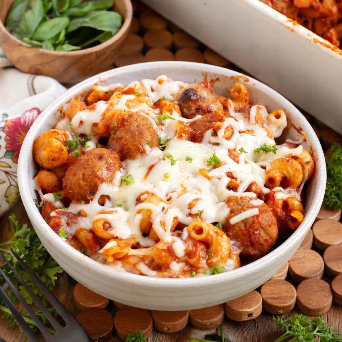 Meatball Pasta Bake with Mozzarella Cheese