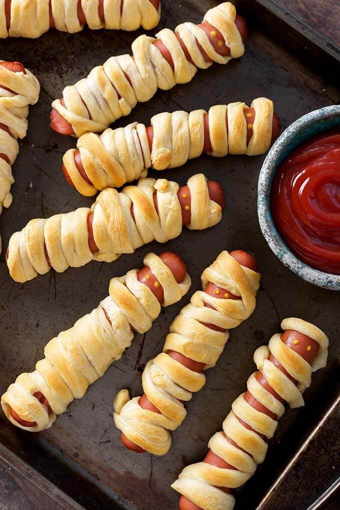 Halloween Hot Dog Mummies with Mayo