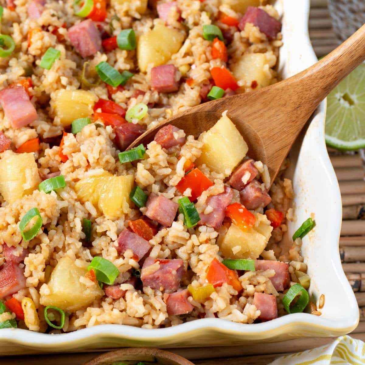 Ham and Pineapple Rice Casserole with Sesame Seeds