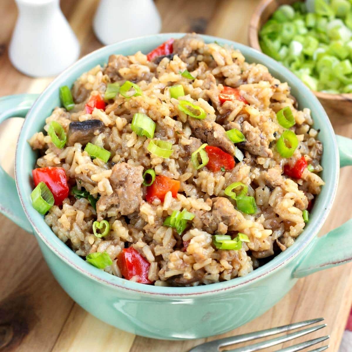 Hamburger Rice Casserole with Onions Chives