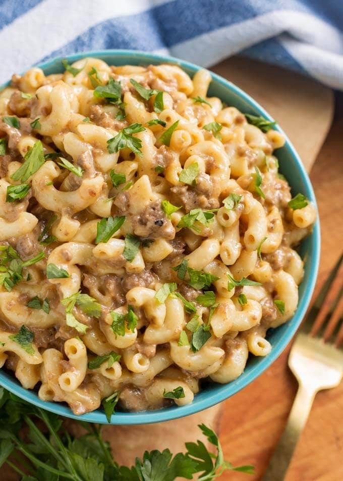Cheeseburger Macaroni with Dollop Sour Cream