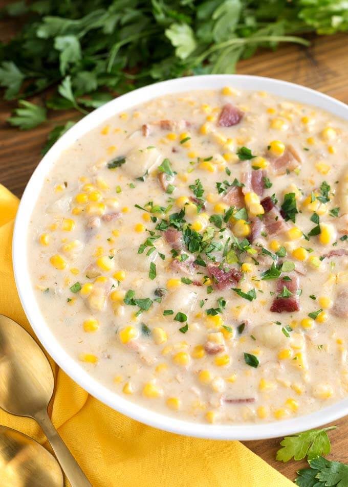 Corn Chowder with Reserved Bacon
