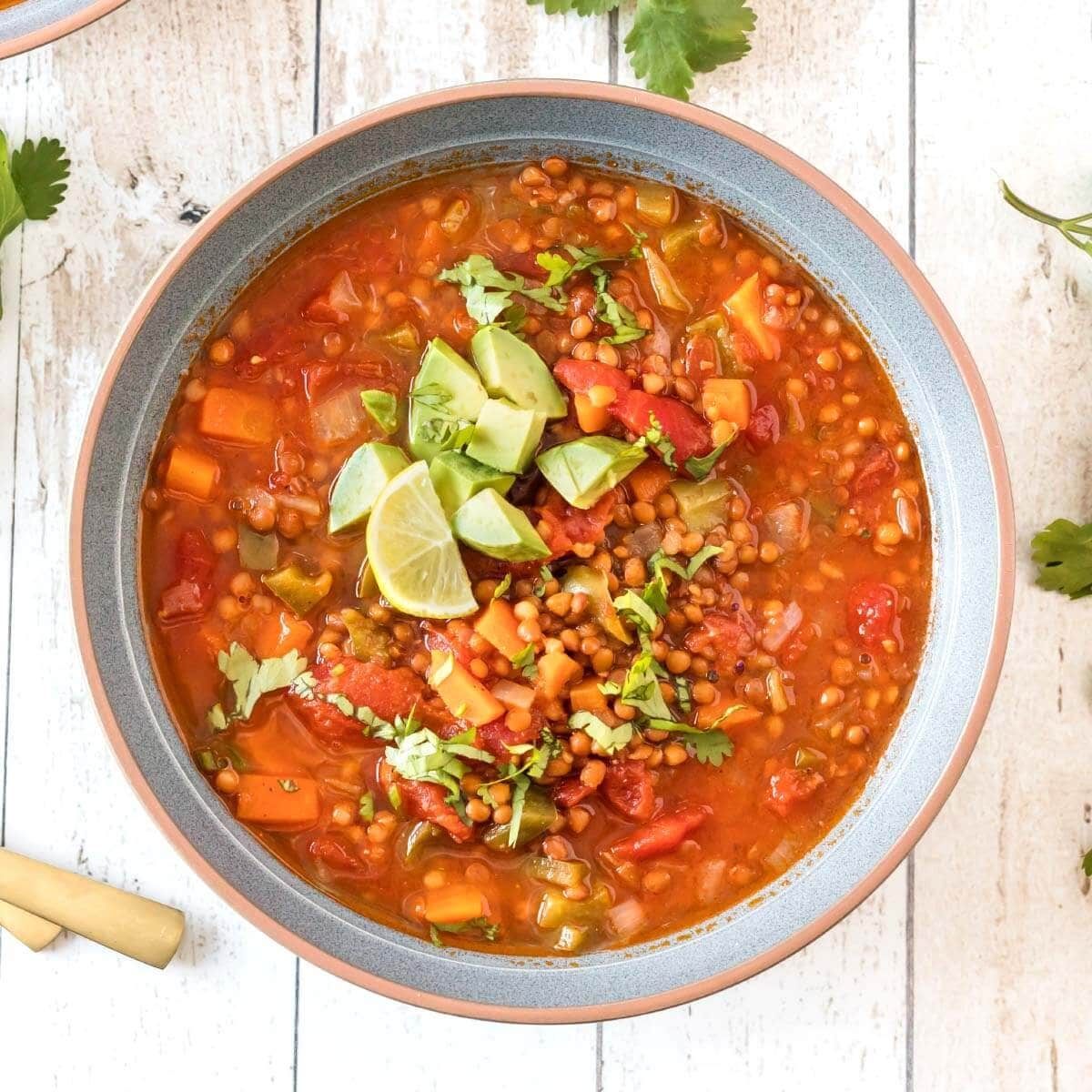 Lentil Chili with Avocado Cubes
