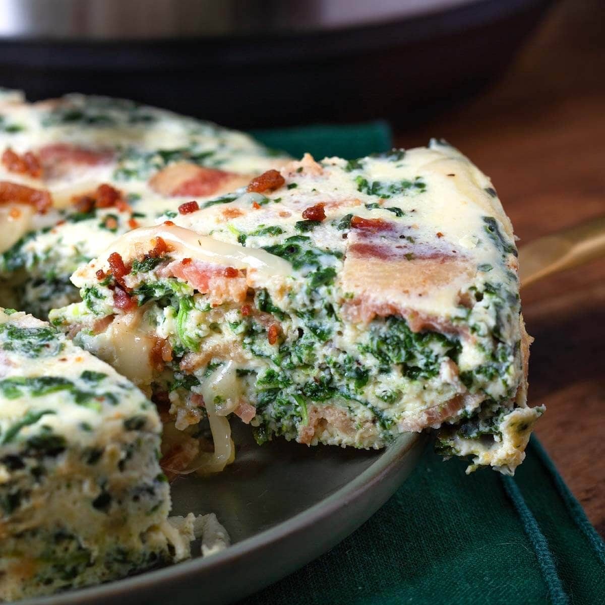 Spinach Bacon Crustless Quiche with Swiss Cheese