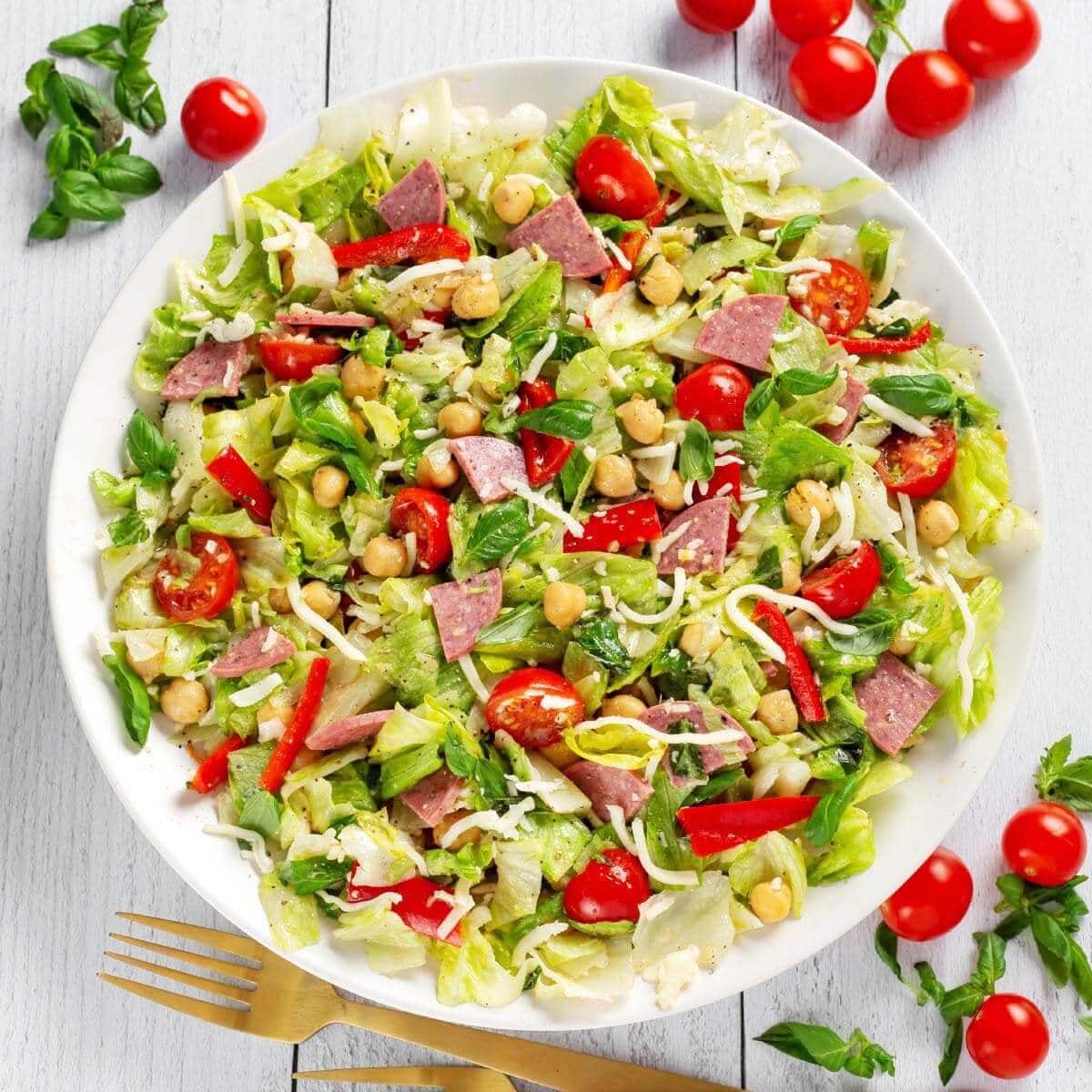 Italian Chopped Salad with Basil Leaves