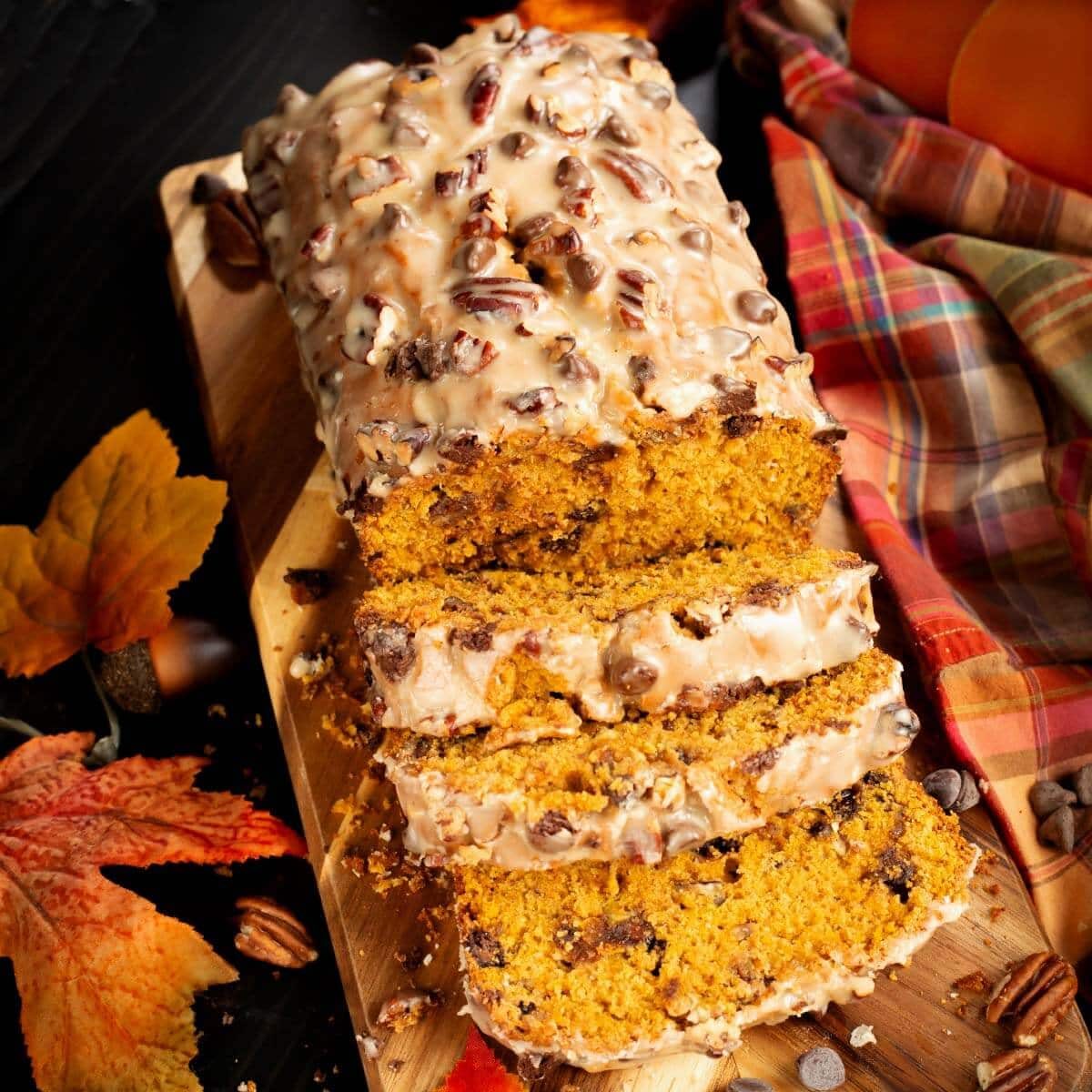Maple Chocolate Chip Pumpkin Bread with Powdered Sugar