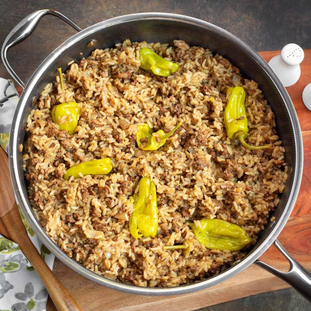 Mississippi Ground Beef and Rice with Pepperoncini Peppers