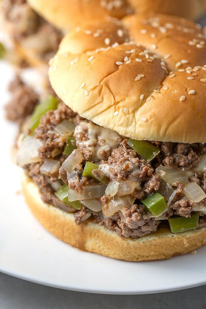 Philly Cheese Steak Sloppy Joes with Hamburger Buns