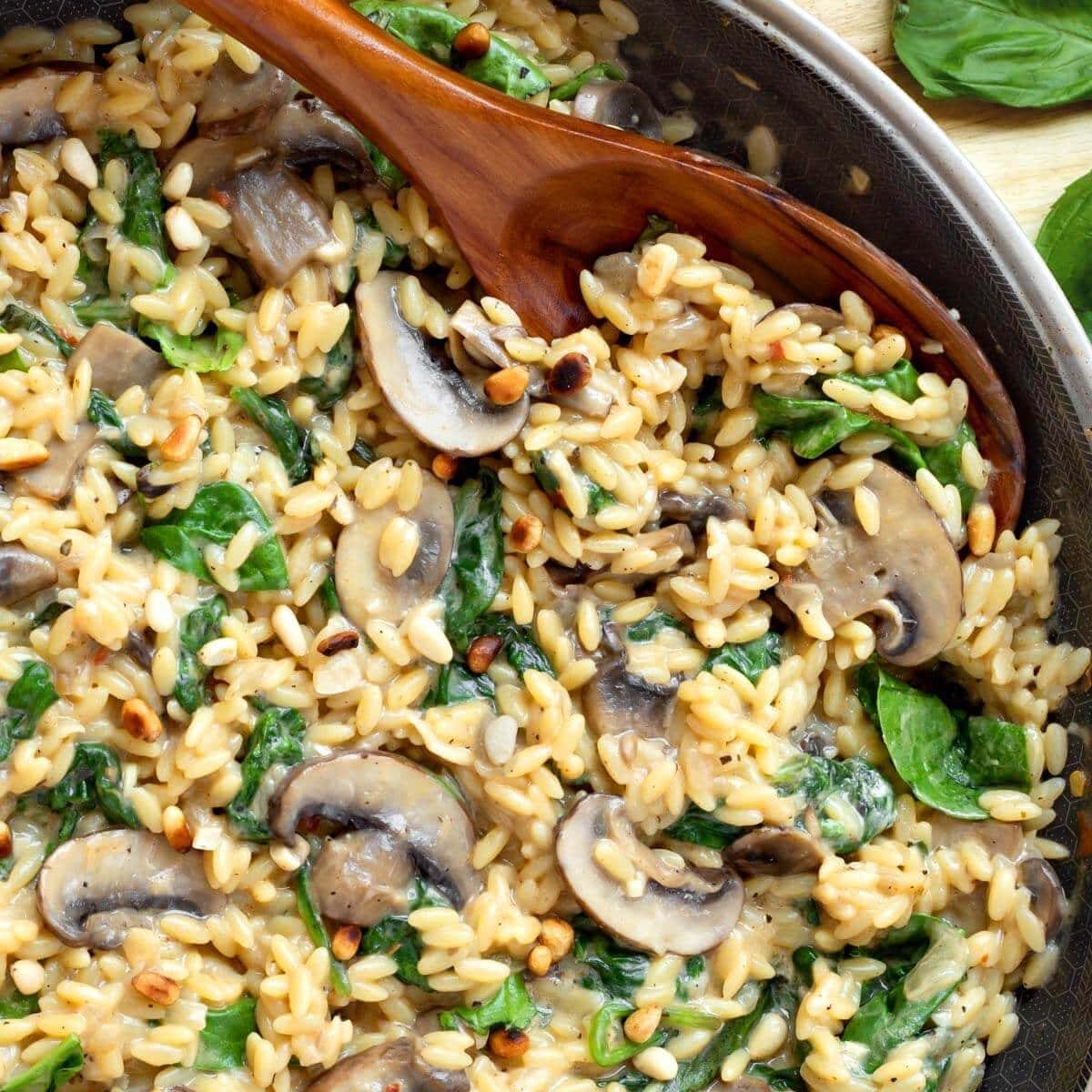 Spinach Mushroom Orzo with Basil Torn
