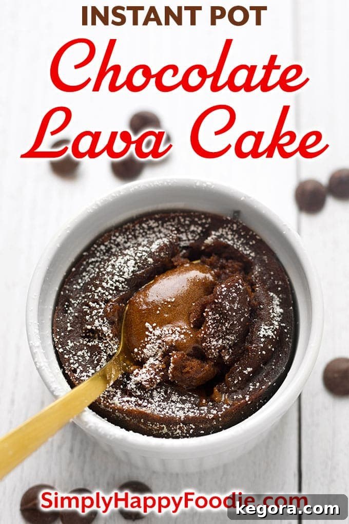 Decadent Instant Pot Chocolate Lava Cake 9 Instant Pot Chocolate Lava Cake is a rich, chocolatey little cake with a warm melted center of chocolate "lava". This is an impressive Instant Pot dessert that is very simple to make. Pressure cooker chocolate lava cake is a perfect dessert for the chocolate lover! Instant Pot recipes by simplyhappyfoodie.com #instantpotchocolatelavacake #pressurecookerchocolatelavacake