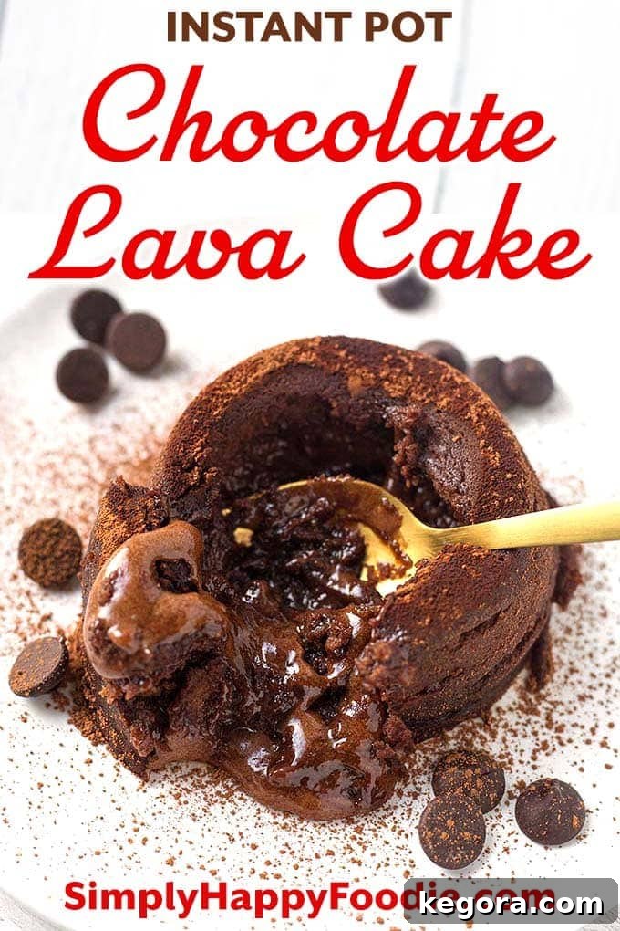 Decadent Instant Pot Chocolate Lava Cake 8 Instant Pot Chocolate Lava Cake is a rich, chocolatey little cake with a warm gooey center of molten chocolate "lava". This is an impressive Instant Pot dessert that is easy to make. Pressure cooker chocolate lava cake is a perfect dessert for the chocolate lover! Instant Pot recipes by simplyhappyfoodie.com #instantpotchocolatelavacake #pressurecookerchocolatelavacake