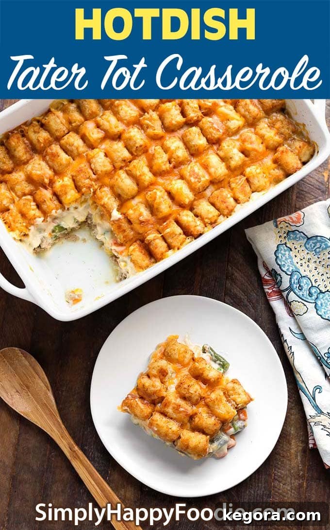 Crispy Tater Tot Comfort Casserole 8 Hotdish Tater Tot Casserole is a true American classic comfort food! Everyone from Grandmas to busy moms and dads have been making this easy Hotdish recipe for decades. Tater Tot Casserole is delicious! simplyhappyfoodie.com #hotdish #tatertotcasserole