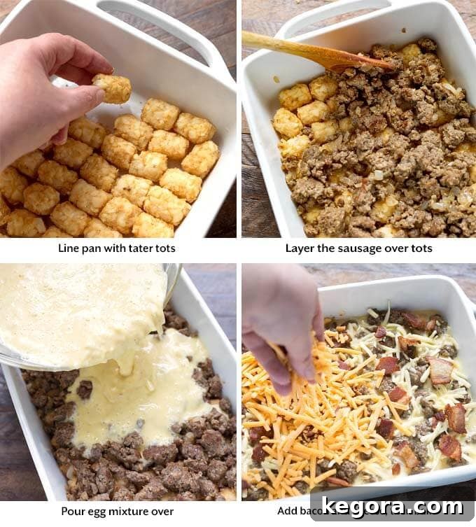 Four sequential images illustrating the preparation of tater tot breakfast casserole: layering tots, adding sausage, pouring egg mixture, and topping with cheese.