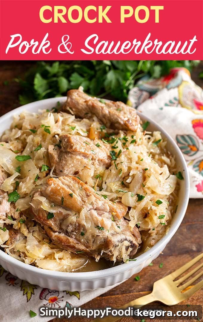 A Pinterest-friendly image showcasing a bowl of Slow Cooker Pork and Sauerkraut with the recipe title and website logo, perfect for sharing on social media.