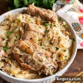 Pork and Sauerkraut in a white bowl
