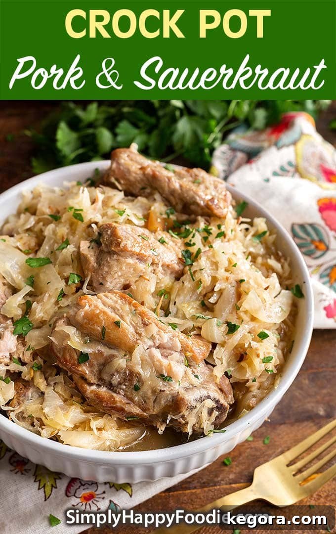 Another beautiful shot of Crock Pot Pork and Sauerkraut, ready to be served, highlighting its comforting appeal.
