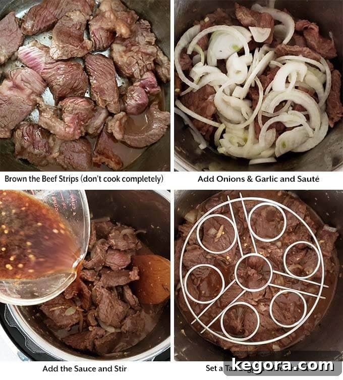 Instant Pot Teriyaki Beef and Broccoli 3 four images showing the process of browning the beef, adding onions and garlic, sauce, and trivet into the pressure cooker