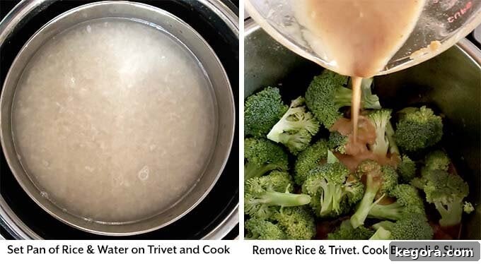 Instant Pot Teriyaki Beef and Broccoli 4 Two process images showing the addition to a pan of rice and water, removing it and cooking the broccoli and slurry