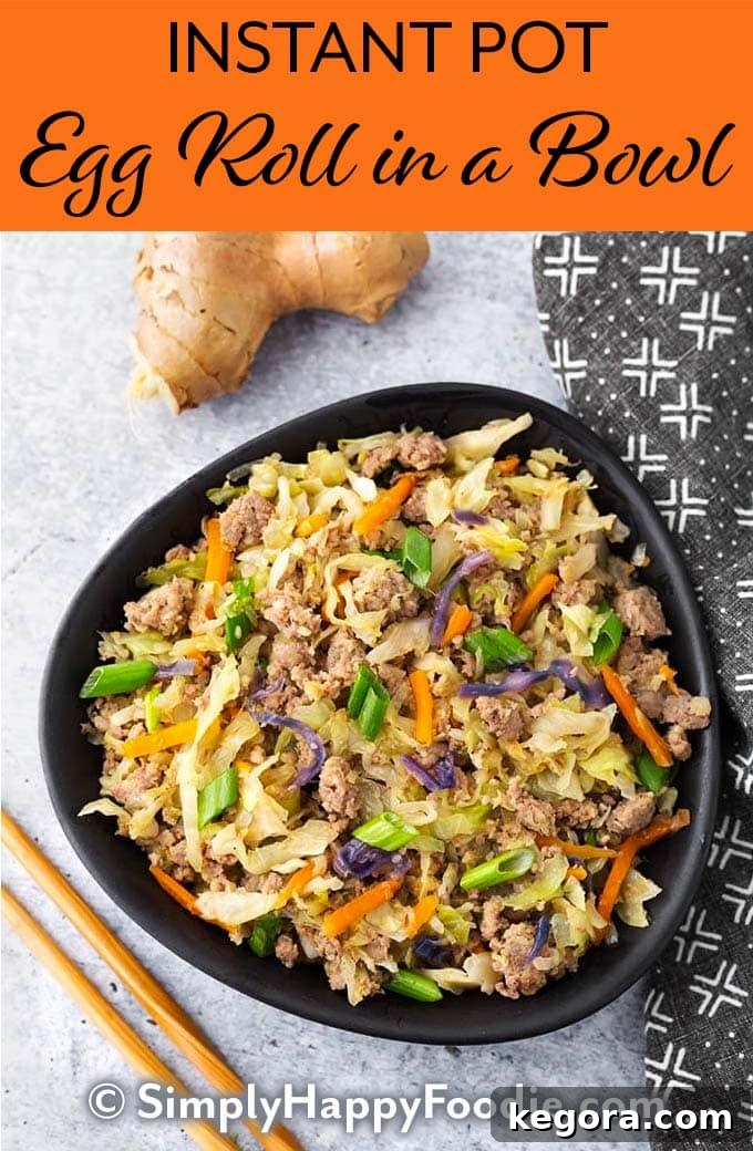 A visually appealing image of Instant Pot Egg Roll in a Bowl with the recipe title and Simply Happy Foodie.com logo, designed for easy sharing and saving on Pinterest.