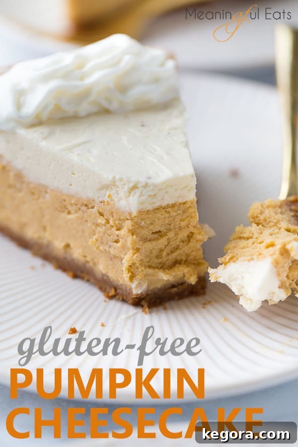 Decadent Gluten-Free Pumpkin Cheesecake 11 Pinterest image of pumpkin cheesecake with a fork, emphasizing its deliciousness for sharing.