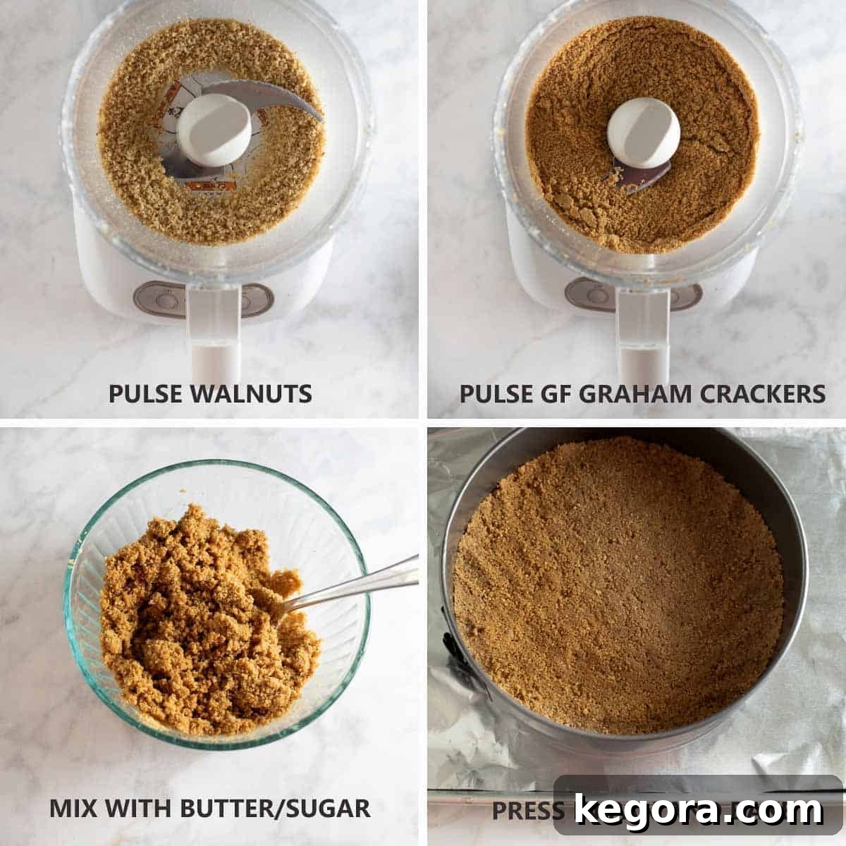 Decadent Gluten-Free Pumpkin Cheesecake 4 A four-image collage showing the steps to mix the gluten-free cheesecake crust ingredients and press them into a pan.