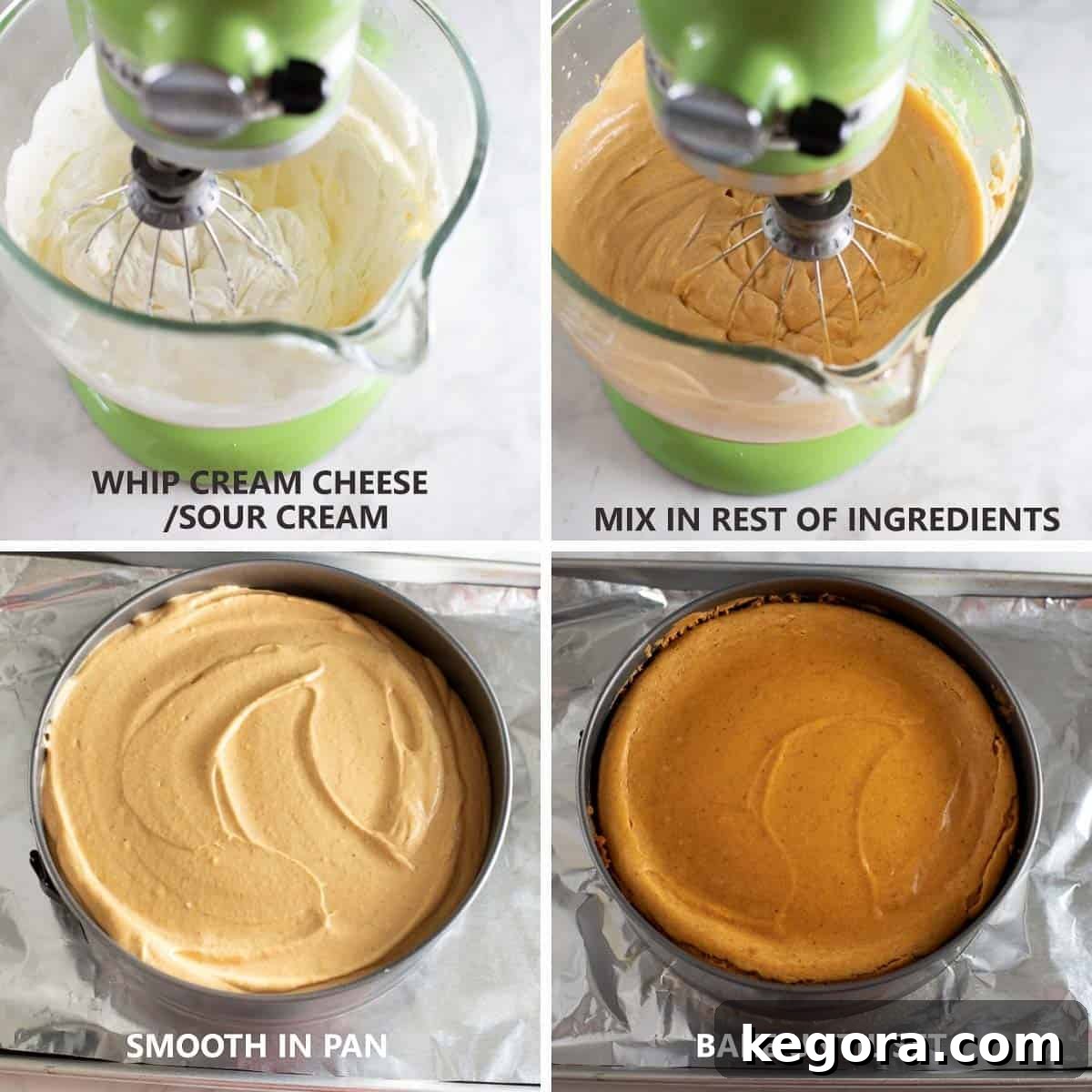 Decadent Gluten-Free Pumpkin Cheesecake 6 A four-image collage demonstrating how to whip together the creamy filling for gluten-free pumpkin cheesecake.