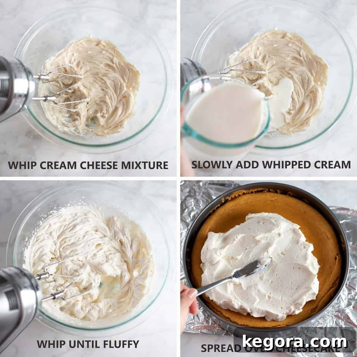 Decadent Gluten-Free Pumpkin Cheesecake 8 A four-image collage showing how to mix together the ingredients for the stabilized whipped cream topping for the cheesecake.