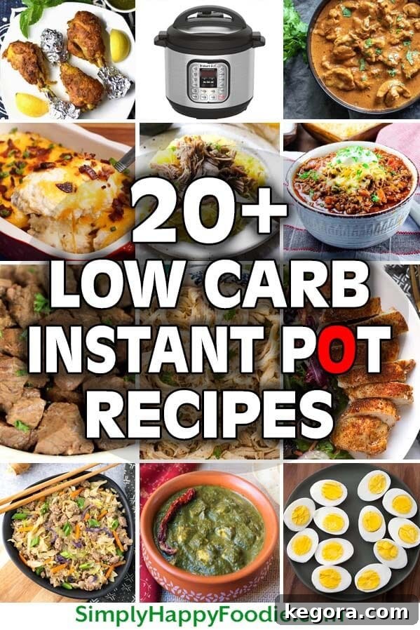 A vibrant collage of various low-carb Instant Pot recipes, showcasing colorful and appealing dishes like chicken, beef, pork, and vegetarian meals, all perfect for keto lifestyles.