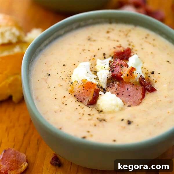 Creamy Instant Pot Cauliflower Bacon Chowder in a green bowl, generously topped with crispy bacon pieces and fresh cauliflower florets.