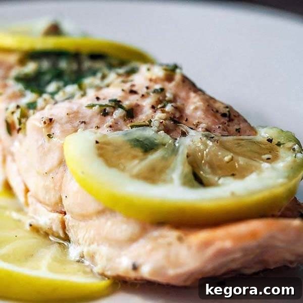 A close-up of perfectly cooked salmon fillets adorned with fresh lemon slices and herbs, ready to be served.
