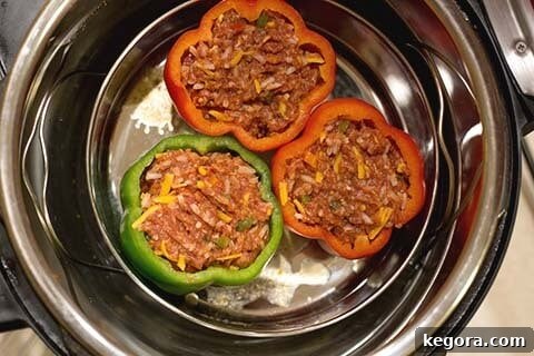 Three uncooked stuffed peppers in a metal pan in a pressure cooker