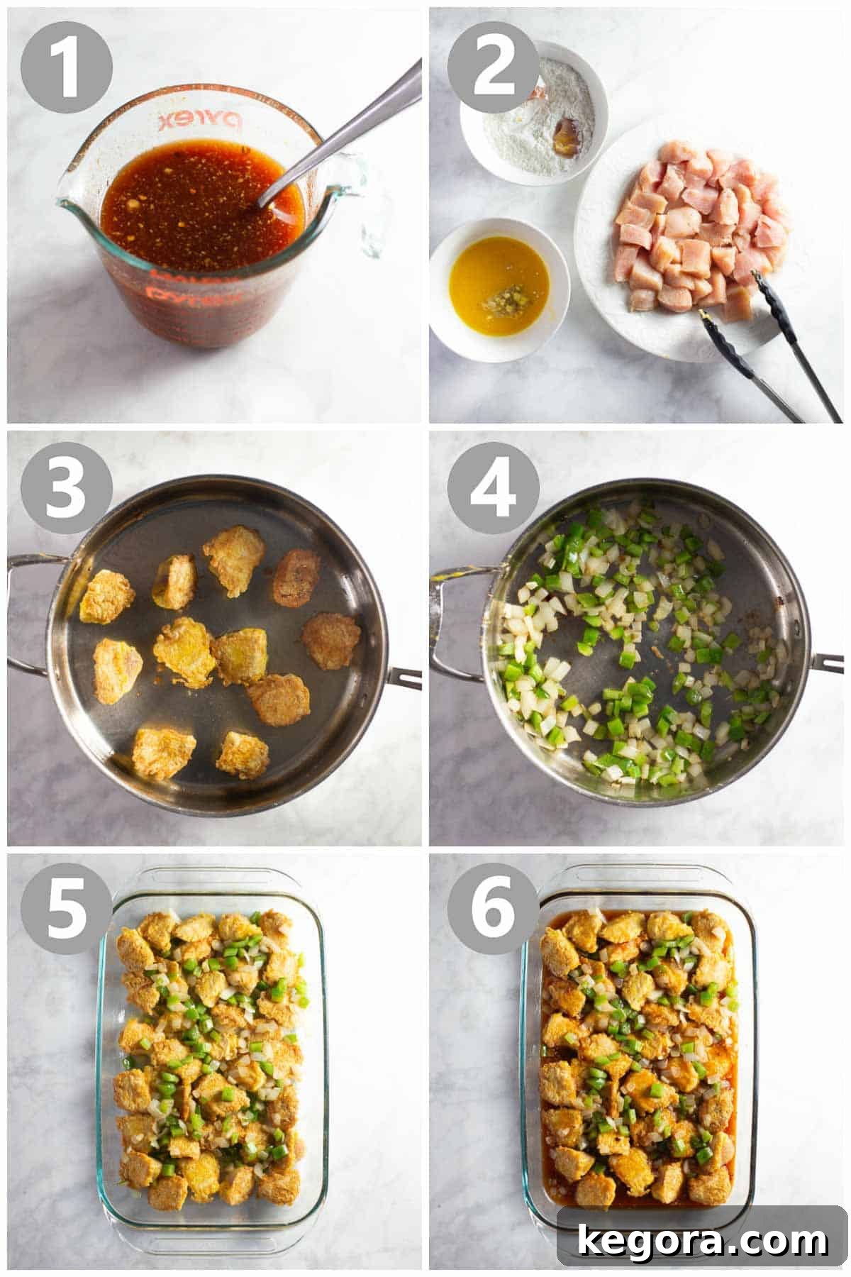 Sticky Chicken A series of step-by-step images illustrating the process of making sticky chicken, from coating the chicken to sautéing vegetables.