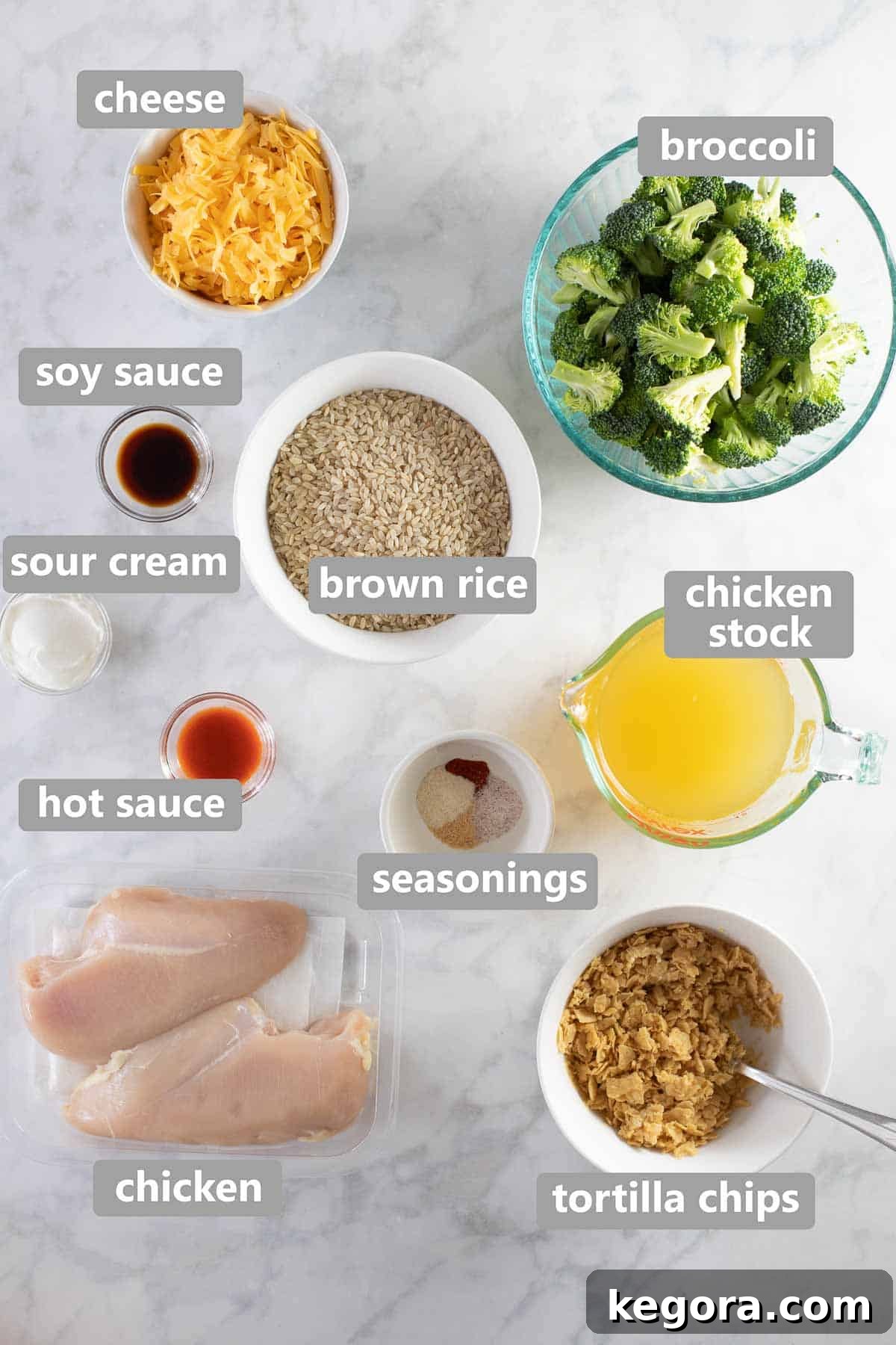 Instant Pot Chicken and Broccoli Rice 3 labeled ingredients to make Instant Pot cheesy chicken and rice