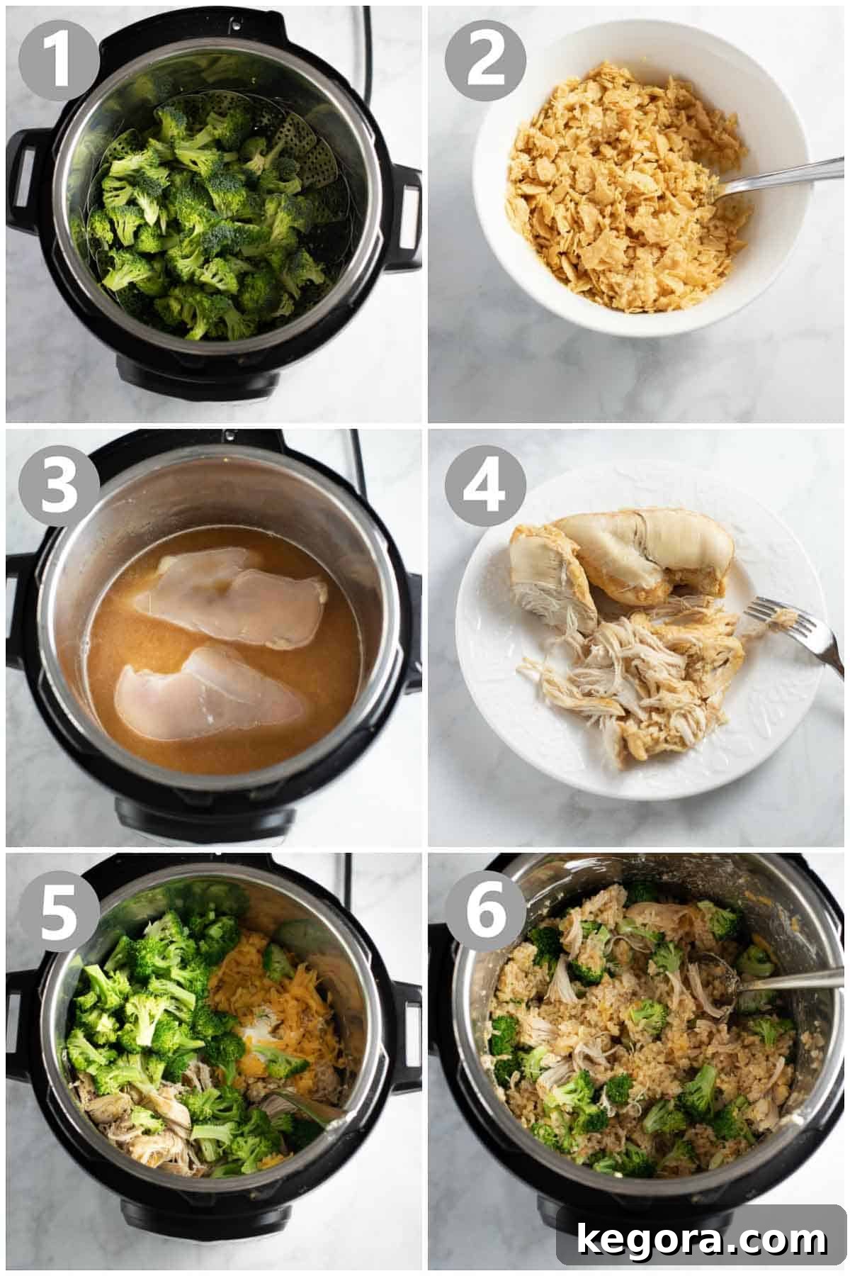 Instant Pot Chicken and Broccoli Rice 4 numbered steps for making Instant Pot chicken casserole