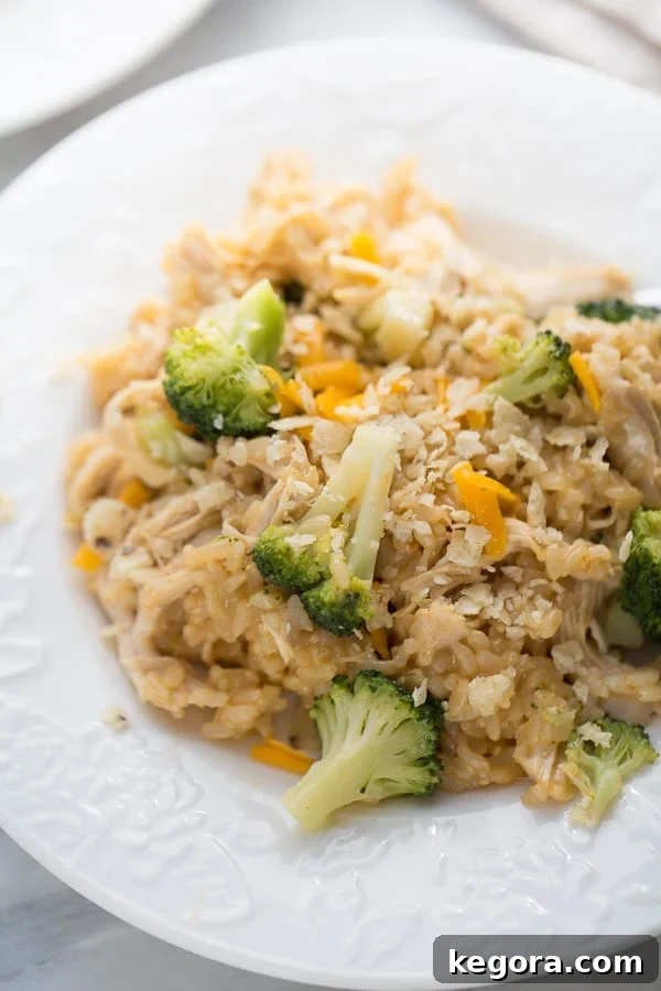 Instant Pot Chicken and Broccoli Rice 6 close up of cheesy chicken and rice with broccoli in a white bowl