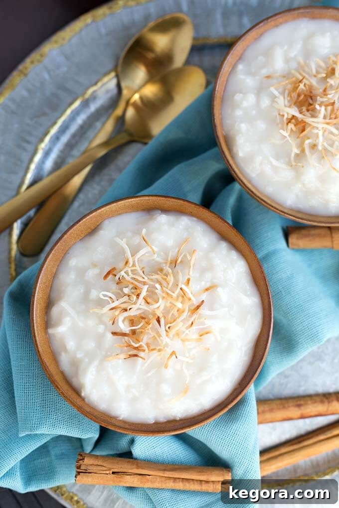 Tropical Instant Pot Coconut Rice Pudding 2 Instant Pot Coconut Rice Pudding in 2 brown bowls with blue napkin.