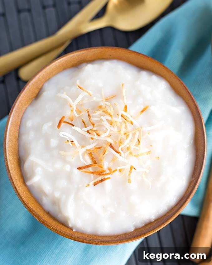 Tropical Instant Pot Coconut Rice Pudding 4 Coconut Rice Pudding in a brown bowl topped with toasted coconut.