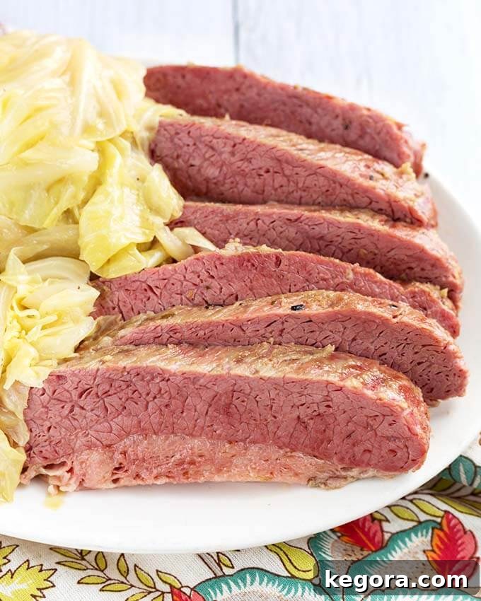 Close up of Sliced Corned Beef and Cabbage on a white plate