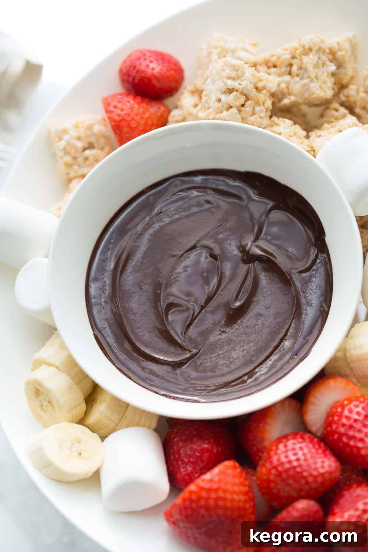 overhead shot of bowl of chocolate fondue