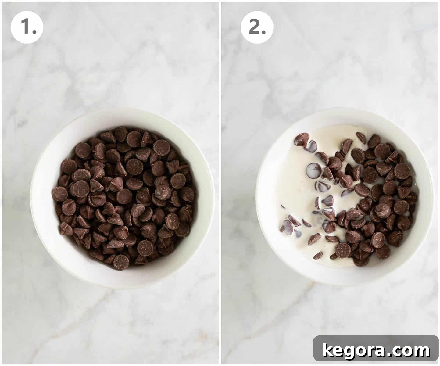 bowl of chocolate chips next to a bowl of chocolate chips with cream added