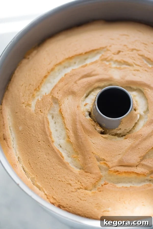 Freshly baked gluten-free angel food cake cooling upside down in an ungreased tube pan, a critical step for maintaining its impressive height and delicate structure.