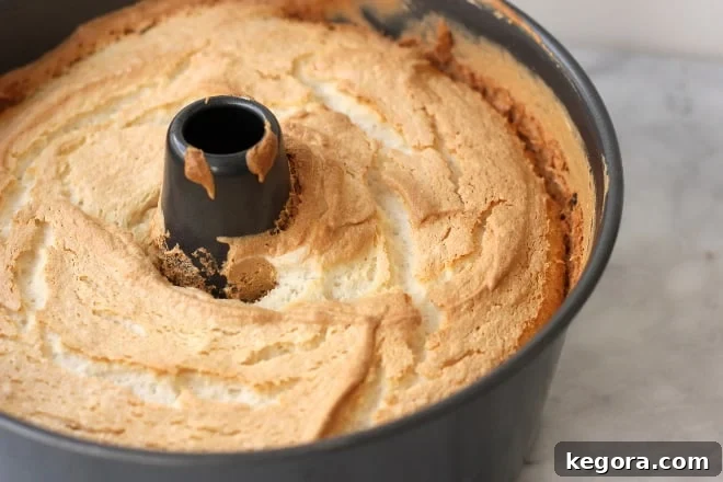 A golden-brown gluten-free angel food cake, fresh out of the oven and still in its tube pan, showcasing its impressive height and texture.
