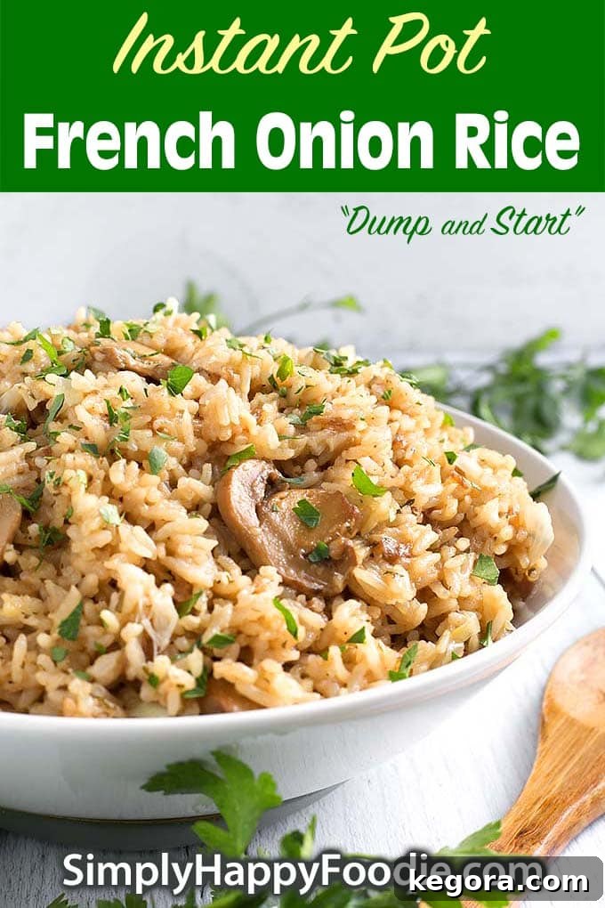 Instant Pot French Onion Rice with recipe title and Simply Happy Foodie.com logo