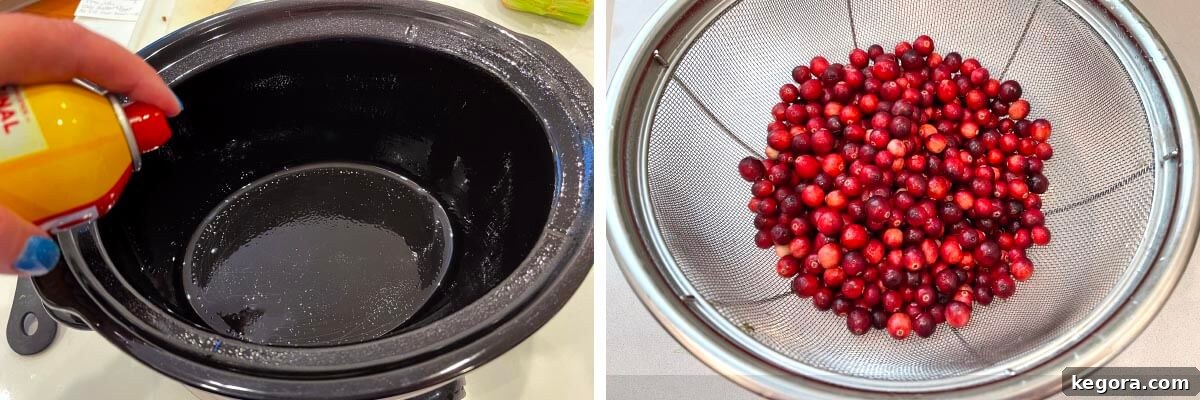 Set It and Forget It Cranberry Sauce 4 Preparing the slow cooker: spraying the interior with cooking spray and rinsing fresh cranberries in a strainer