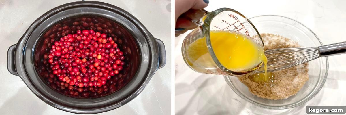 Set It and Forget It Cranberry Sauce 5 Fresh cranberries added to the slow cooker, while orange juice and sugar are being mixed in a separate bowl